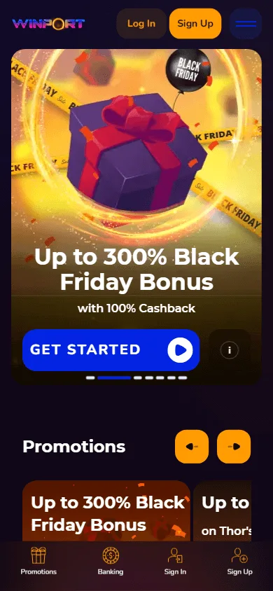 Winport Casino mobile promotions view with bonus and free-spin offers