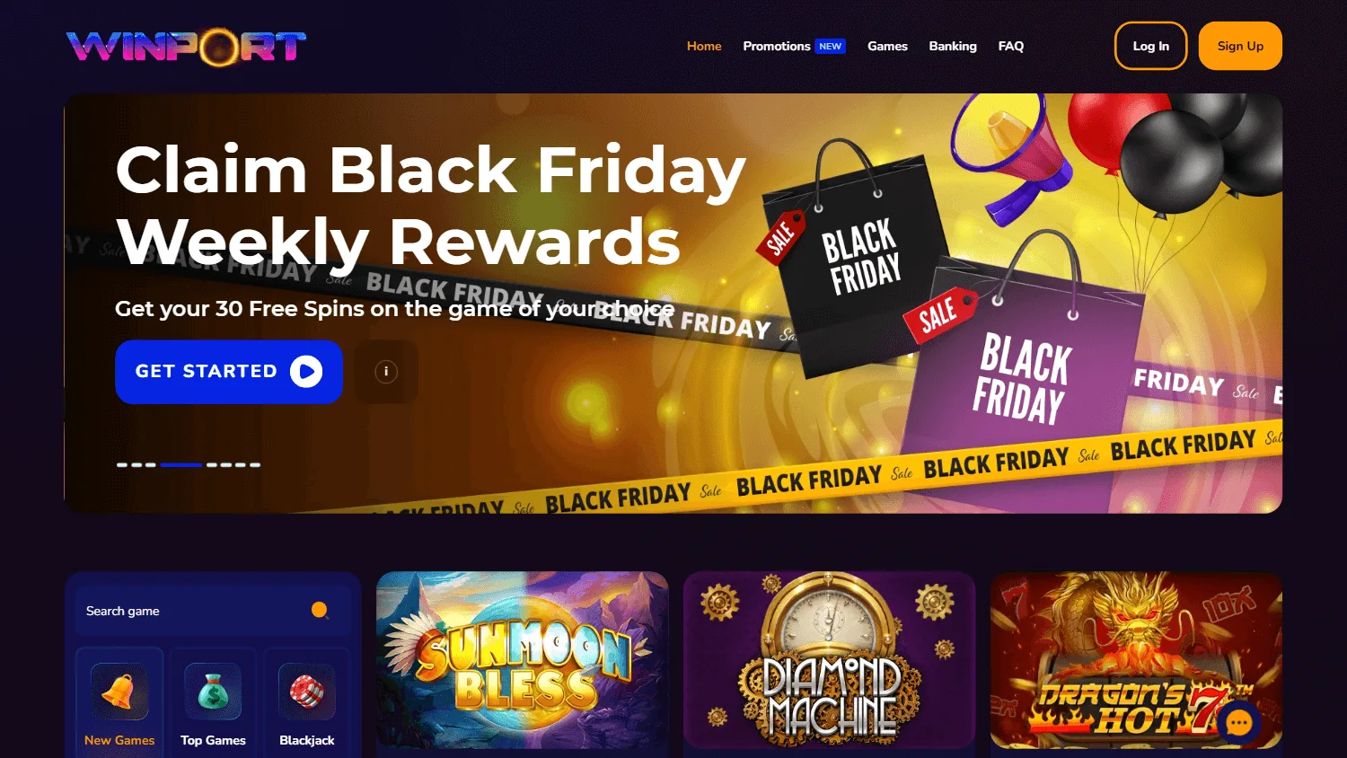 Winport Casino desktop home view with casino access and account features