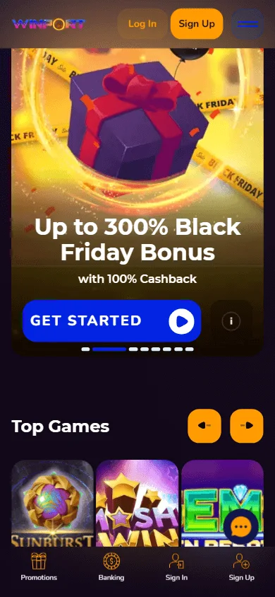 Winport Casino mobile browser games view on a touch device